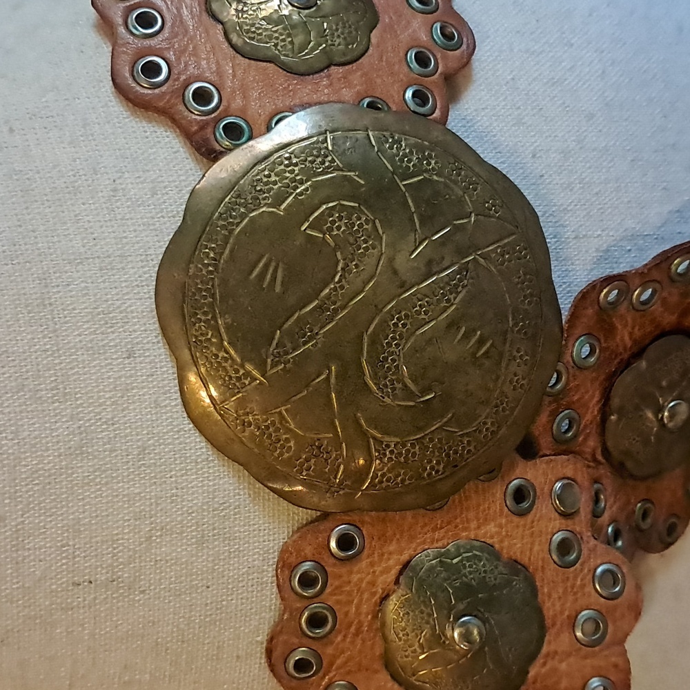 Brown Leather Western Concho Belt with Brass Medallions - Picture 2 of 8